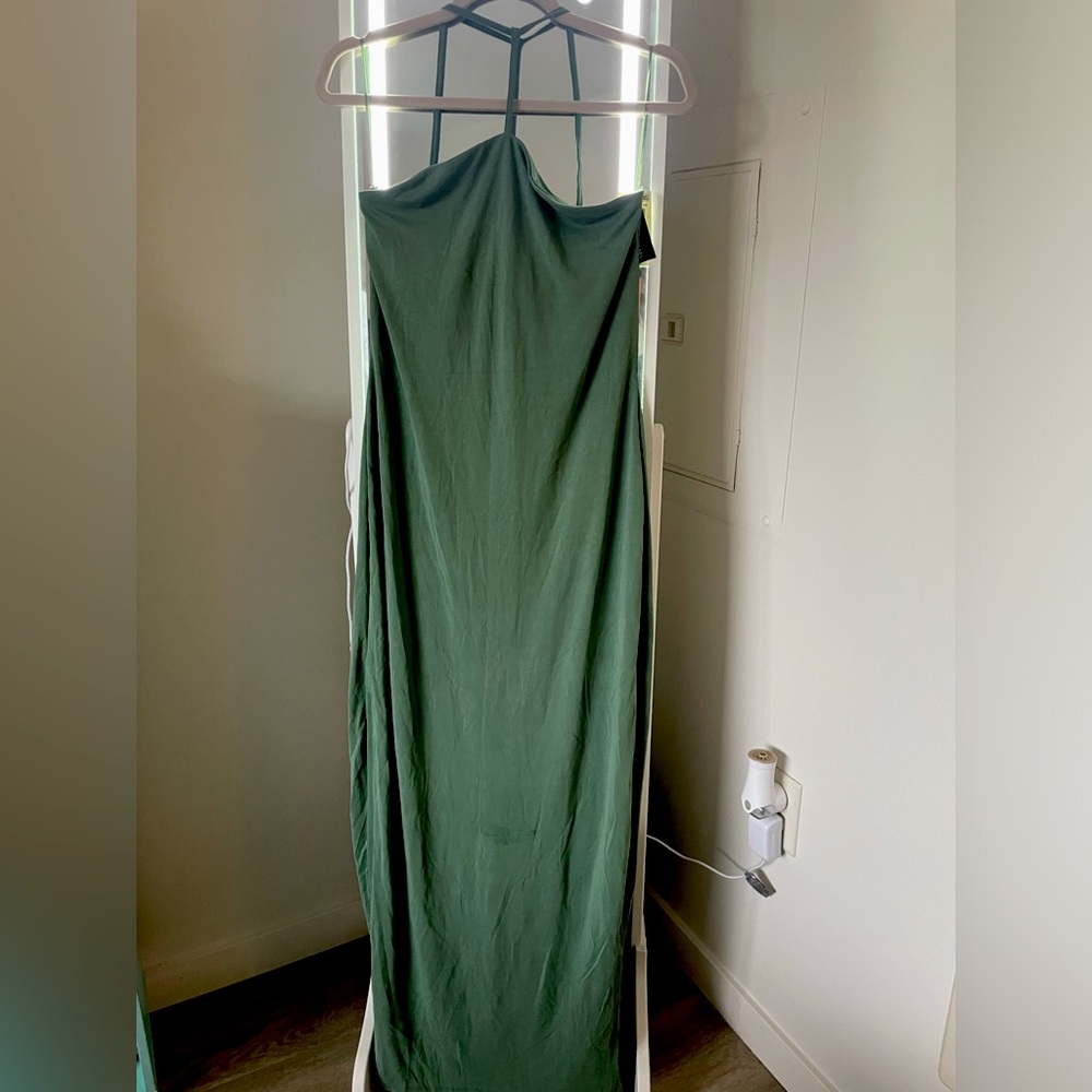 Nicole West English x Bar III olive green/ green floor length dress with a slit.